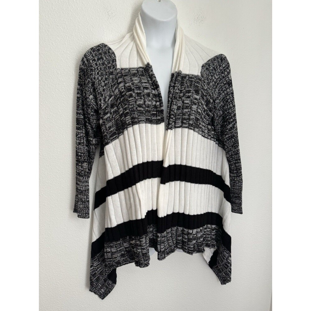 Ashley Stewart Cardigan 14/16 Sweater Black White Cotton Blend Open Front New